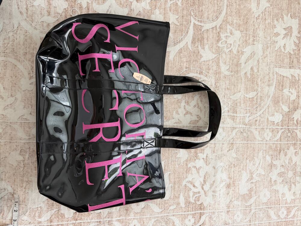 Victoria's Secret Black Tote Bag Hot Pink Writing NEW